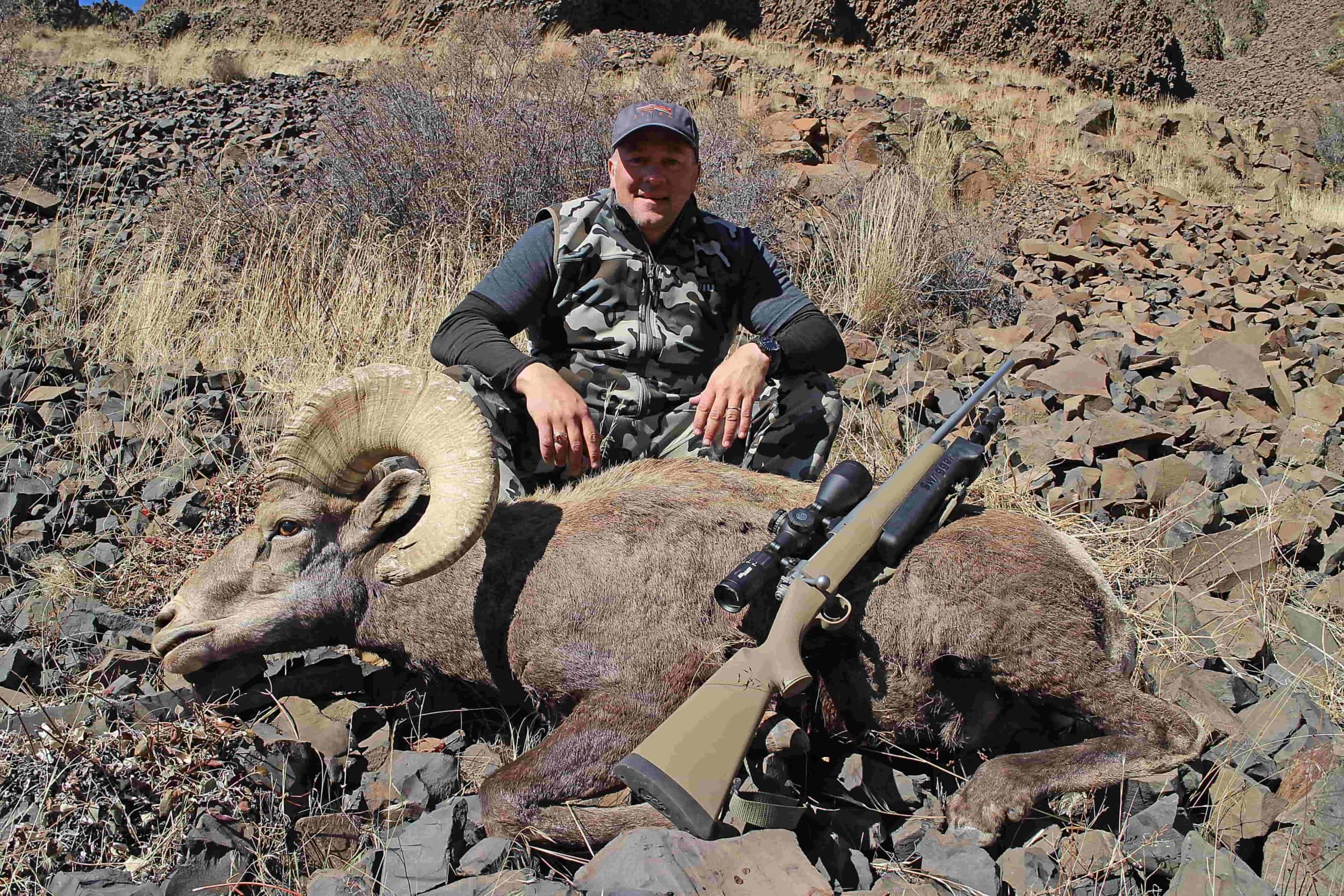A person in camo gear with a bighorn sheep and a rifle